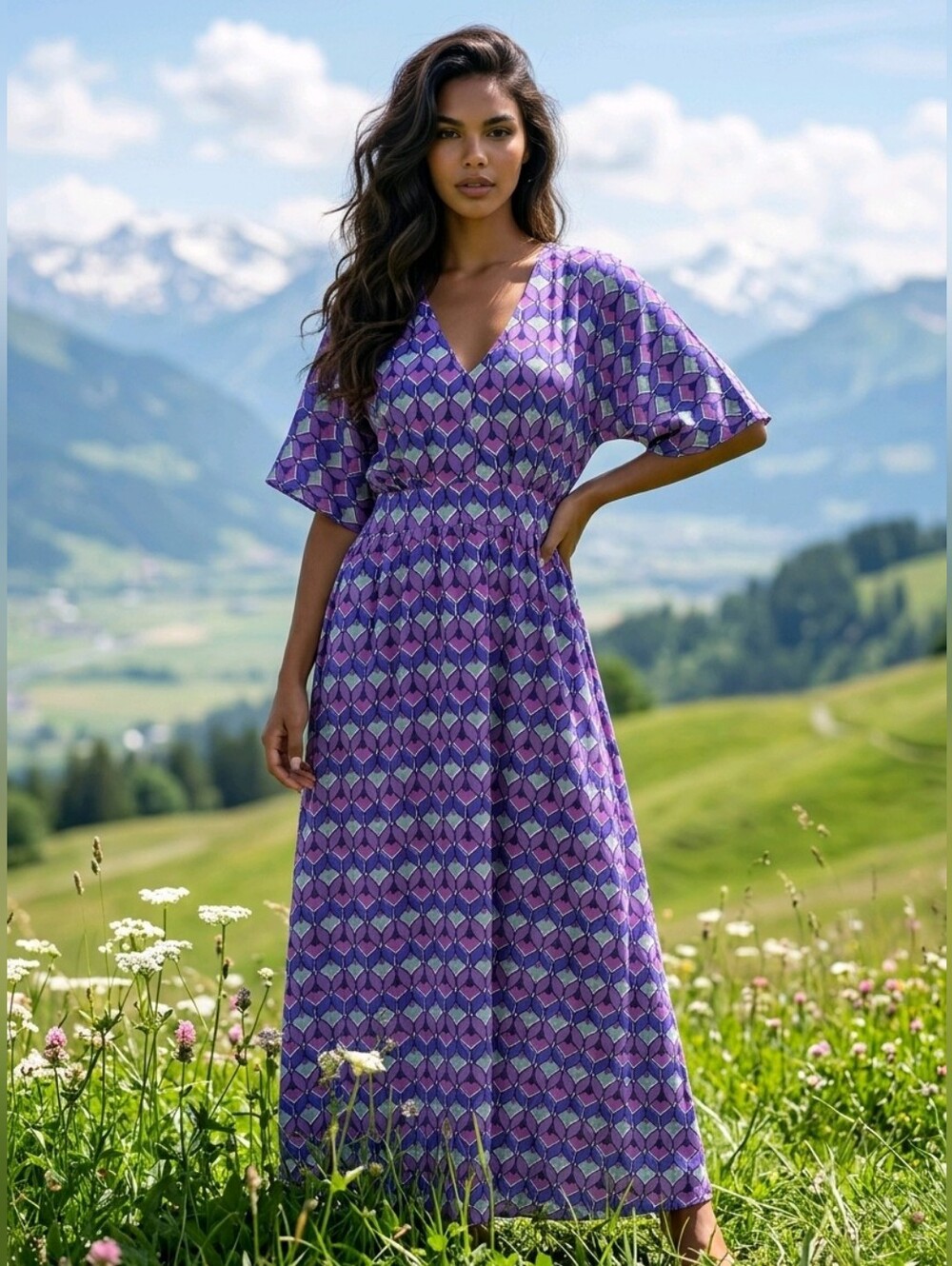 Joz Amsterdam Purple Geometric V-Neck Maxi Dress
